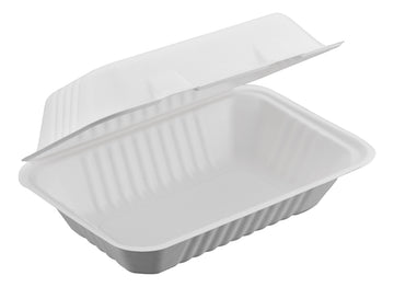 Bagasse Hinged Container, White, PFAS FREE, 9" x 6", 250pc (125/2) - Image 1