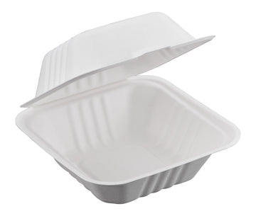 Bagasse Hinged Container, White, PFAS FREE, 6" x 6", 500pc (125/4) - Image 1