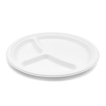 Bagasse Round Plate 3-compartment, 10'', White, PFAS FREE, 500pc (125/4) - Image 1