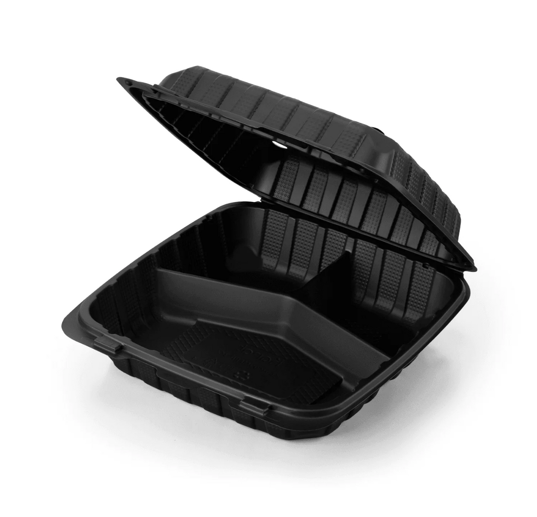 Hinged Container, Black, Vented, Three Compartment, 7" x 7", 150pc (150/1) - Image 1