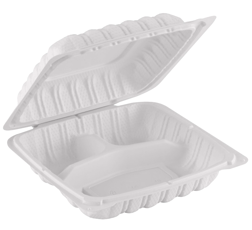 Hinged Container, White, Vented, Three Compartment, 7" x 7", 150pc (150/1) - Image 1