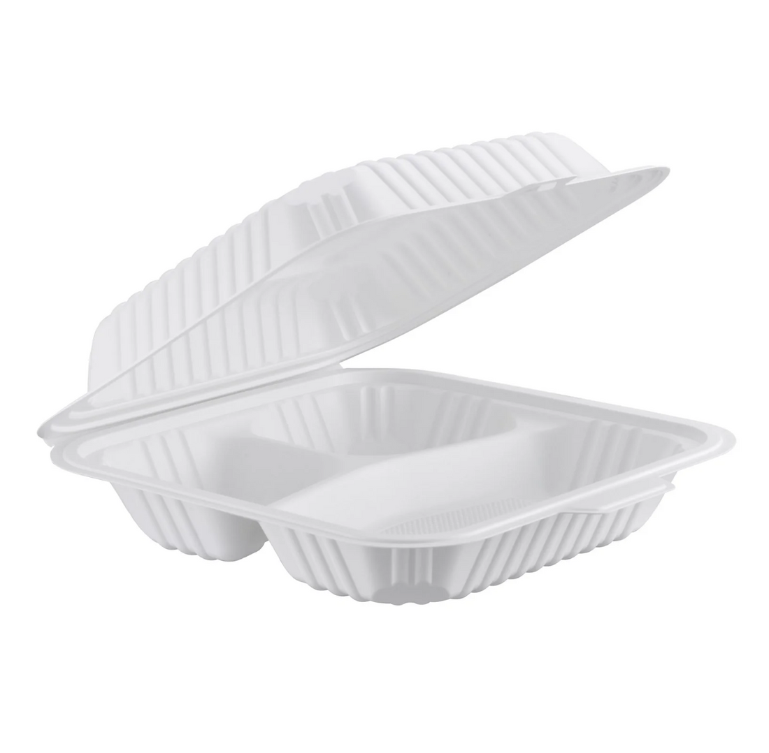 PP Hinged Container, Translucent, Vented, Three Compartment, 7" x 7", 150pc (150/1) - Image 1