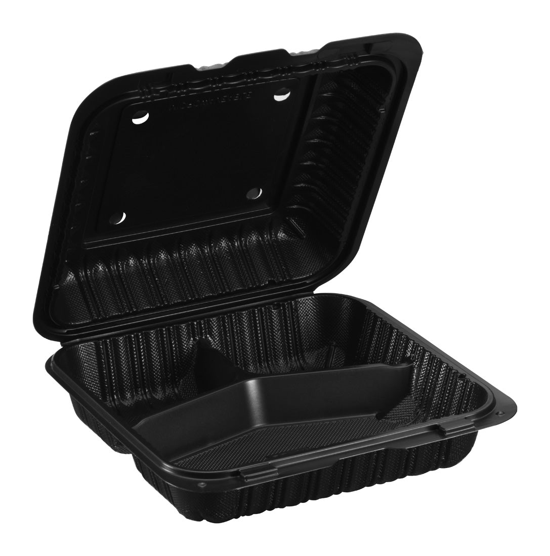Hinged Container, Black, Vented, Three Compartment, 8" x 8", 150pc (150/1) - Image 1