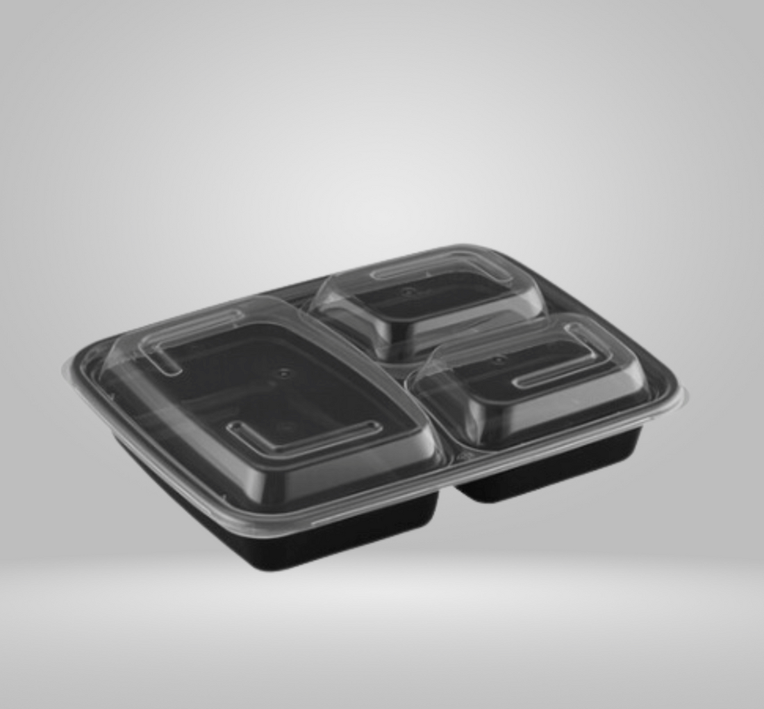 2-pc Black PP Container with Translucent Lid, 9.5" x 7.5", 3-Compartment, 150 Sets (50/6) - Image 1