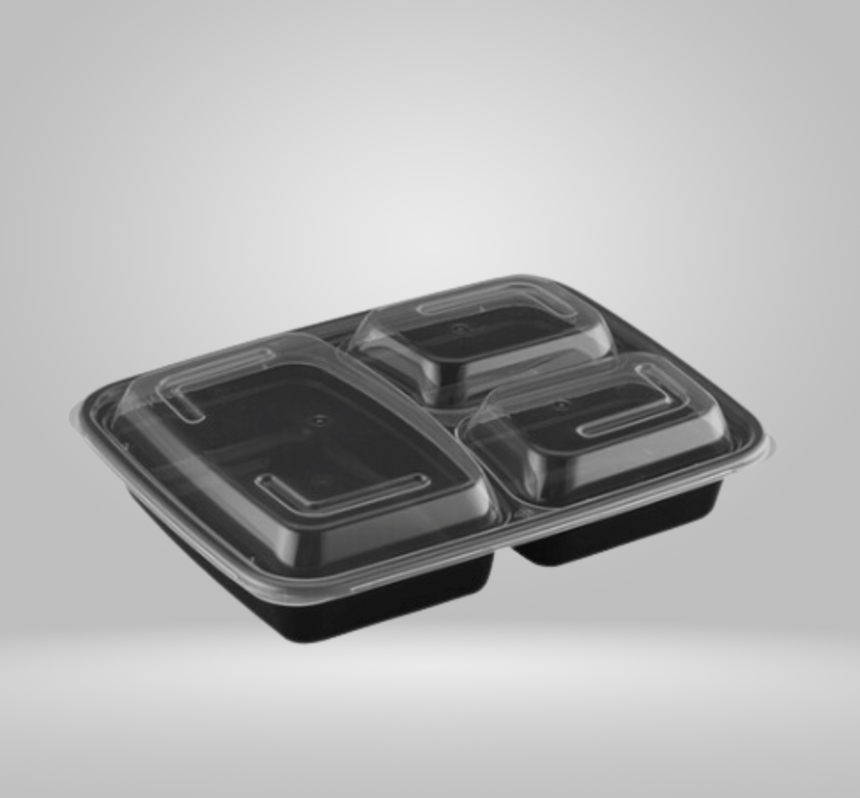 2-pc Black PP Container with Translucent Lid, 9.5" x 7.5", 3-Compartment, 150 Sets (50/6) - Image 1