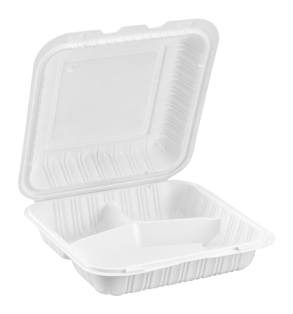 Hinged Container, White, Vented, Three Compartment, 9" x 9", 150pc (150/1) - Image 1