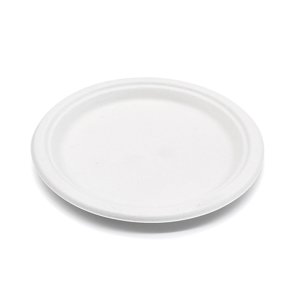 Bagasse Round Plate, 9'', White, PFAS FREE, 500pc (125/4) - Image 1