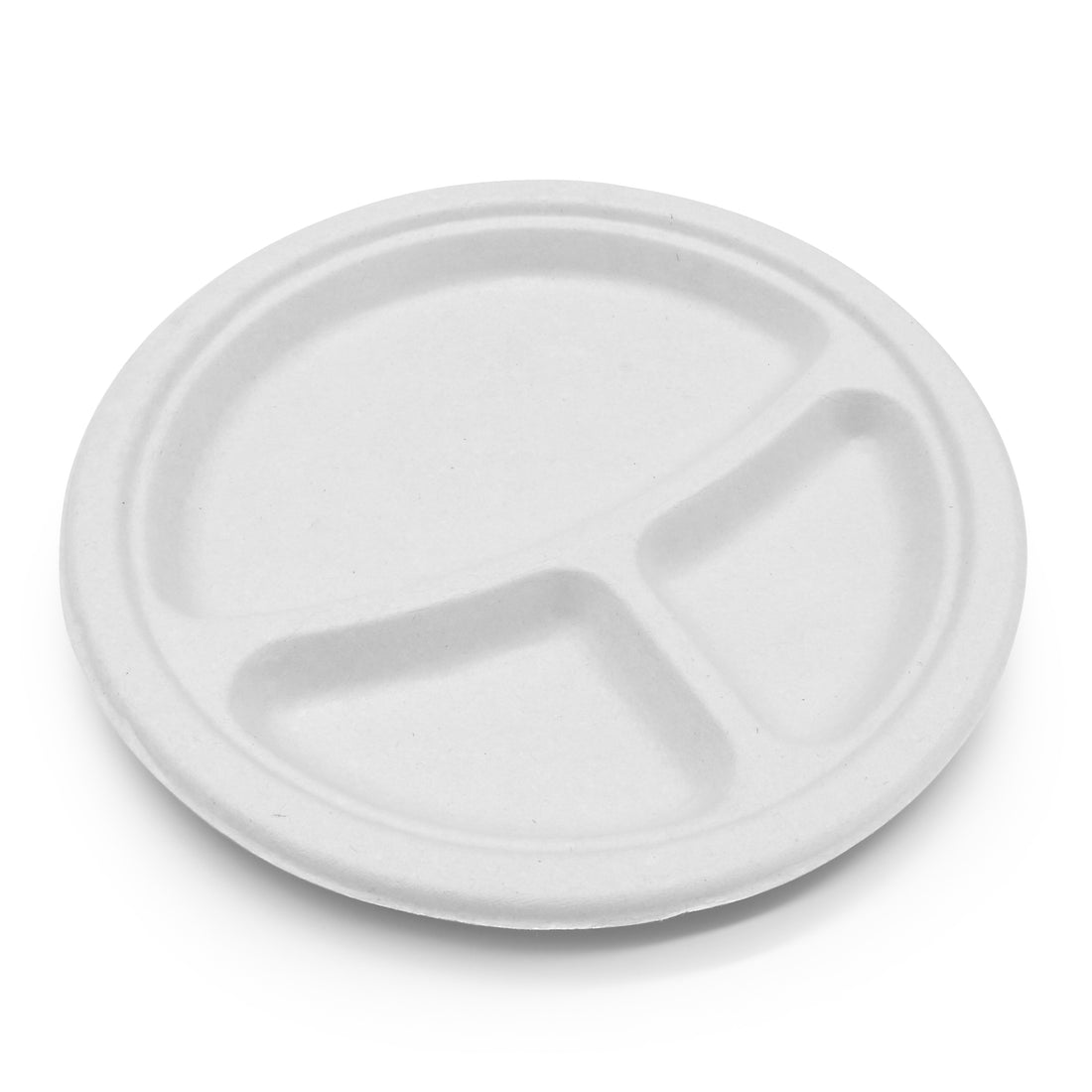 Bagasse Round Plate 3-compartment, 9'', White, PFAS FREE, 500pc (125/4) - Image 1