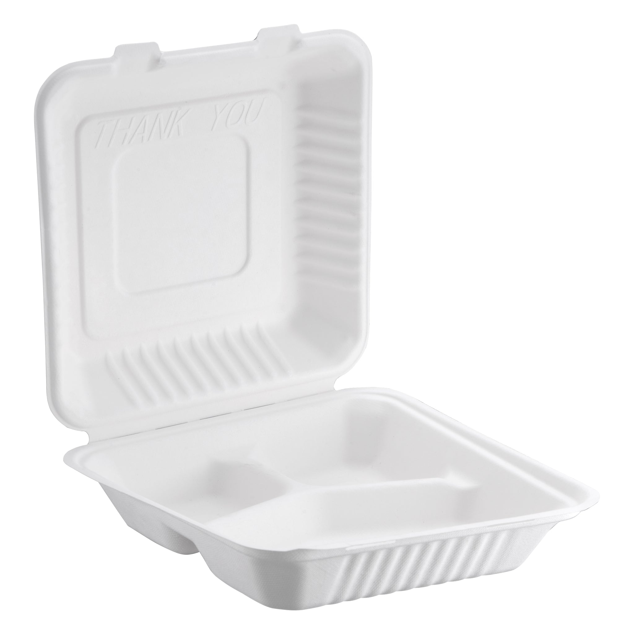 Bagasse Hinged Container 3-compartment, White, PFAS FREE, 8" x 8", 200pc (100/2) - Image 1
