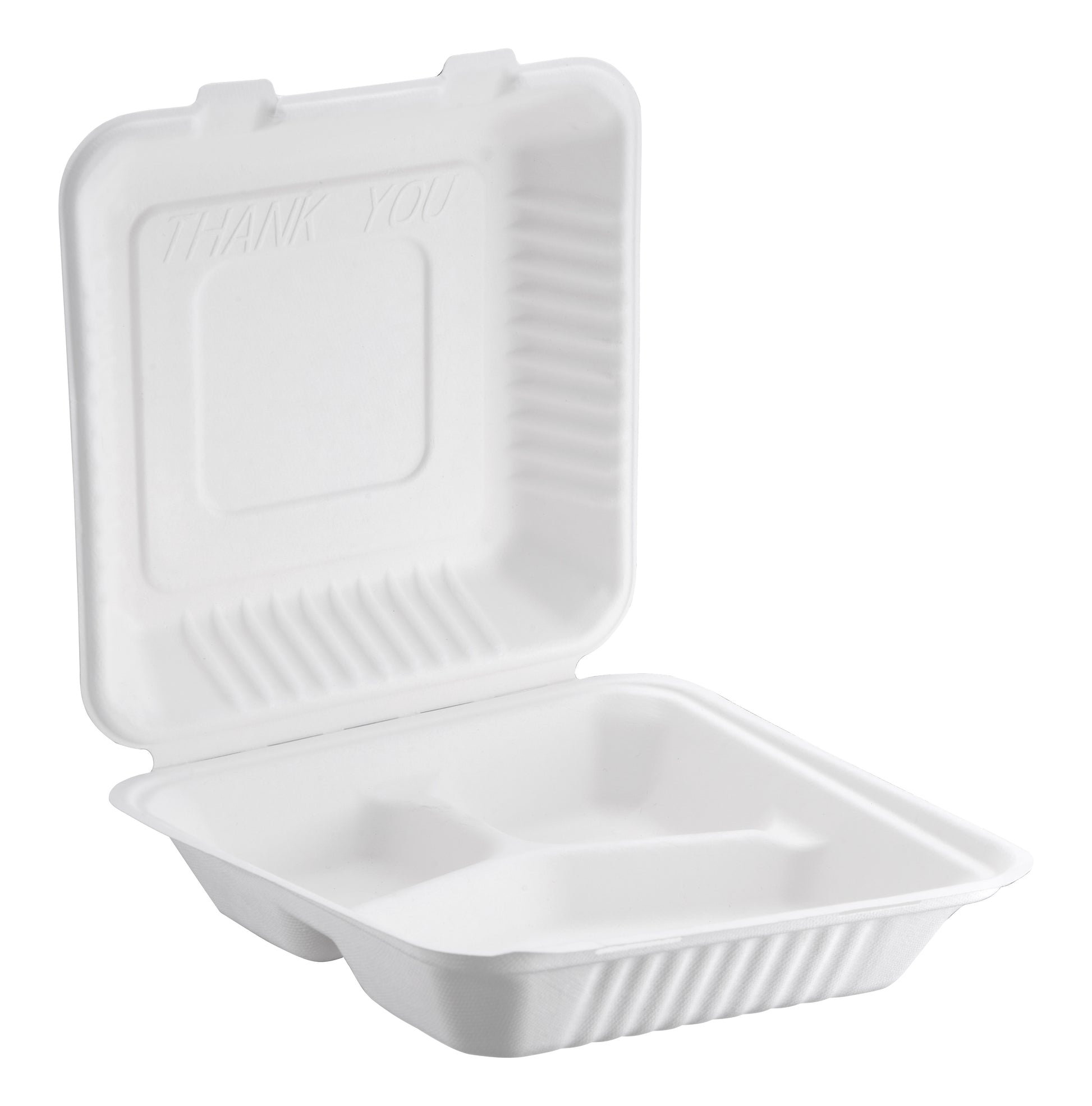 Bagasse Hinged Container 3-compartment, White, PFAS FREE, 8" x 8", 200pc (100/2) - Image 1