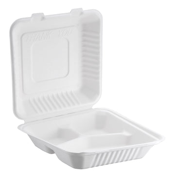 Bagasse Hinged Container 3-compartment, White, PFAS FREE, 8" x 8", 200pc (100/2) - Image 1