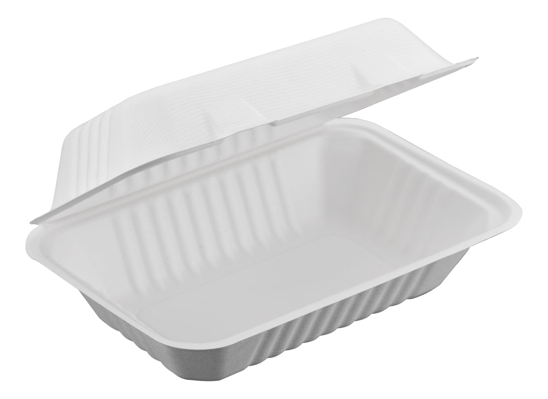 Bagasse Hinged Container, White, PFAS FREE, 9" x 6", 250pc (125/2) - Image 1