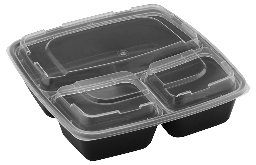 48oz Square Microwaveable Container with Lid 3-compartment, 100 Sets (50/4) - Image 1