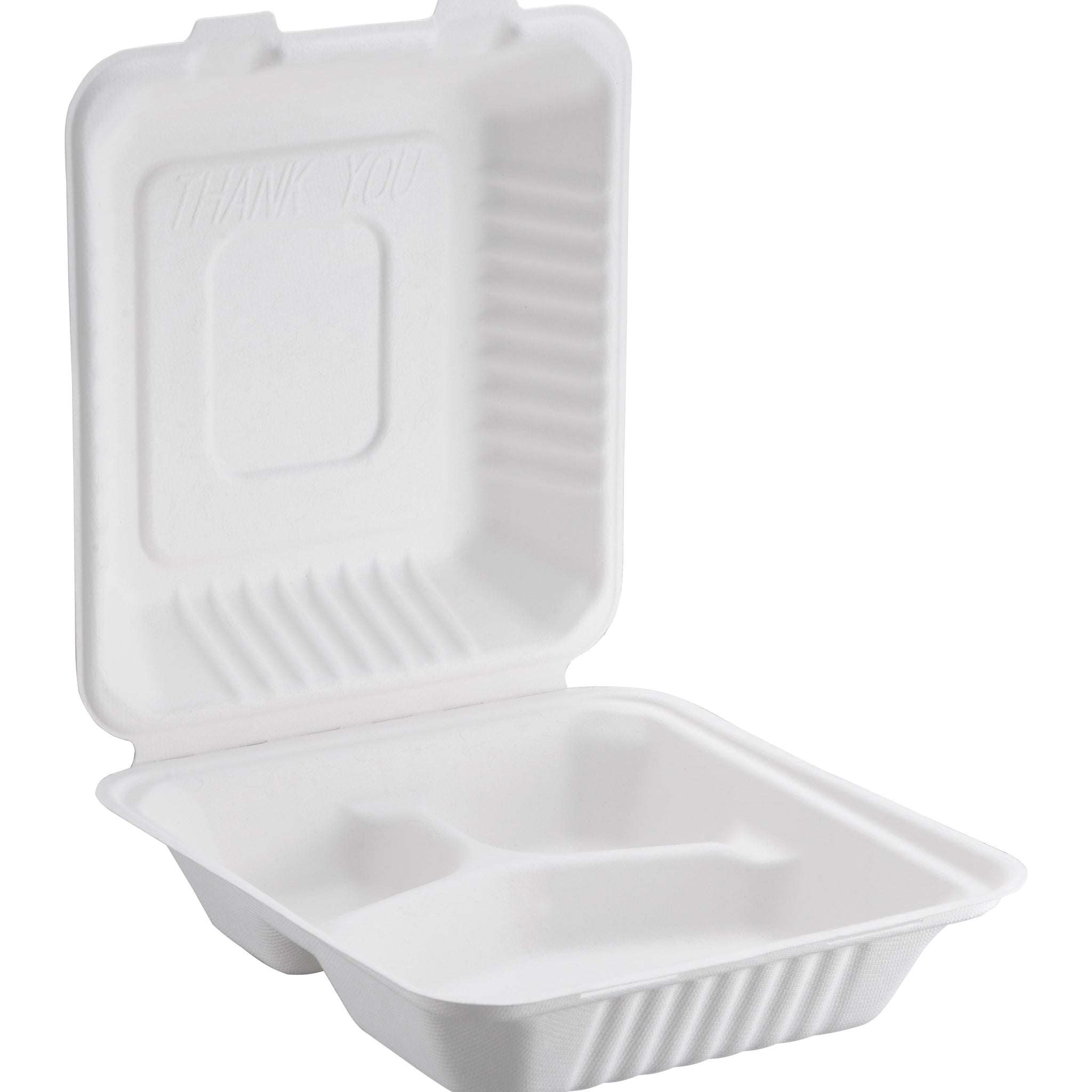 Bagasse Hinged Container 3-compartment, PFAS FREE, White, 9" x 9", 200pc (100/2) - Image 1