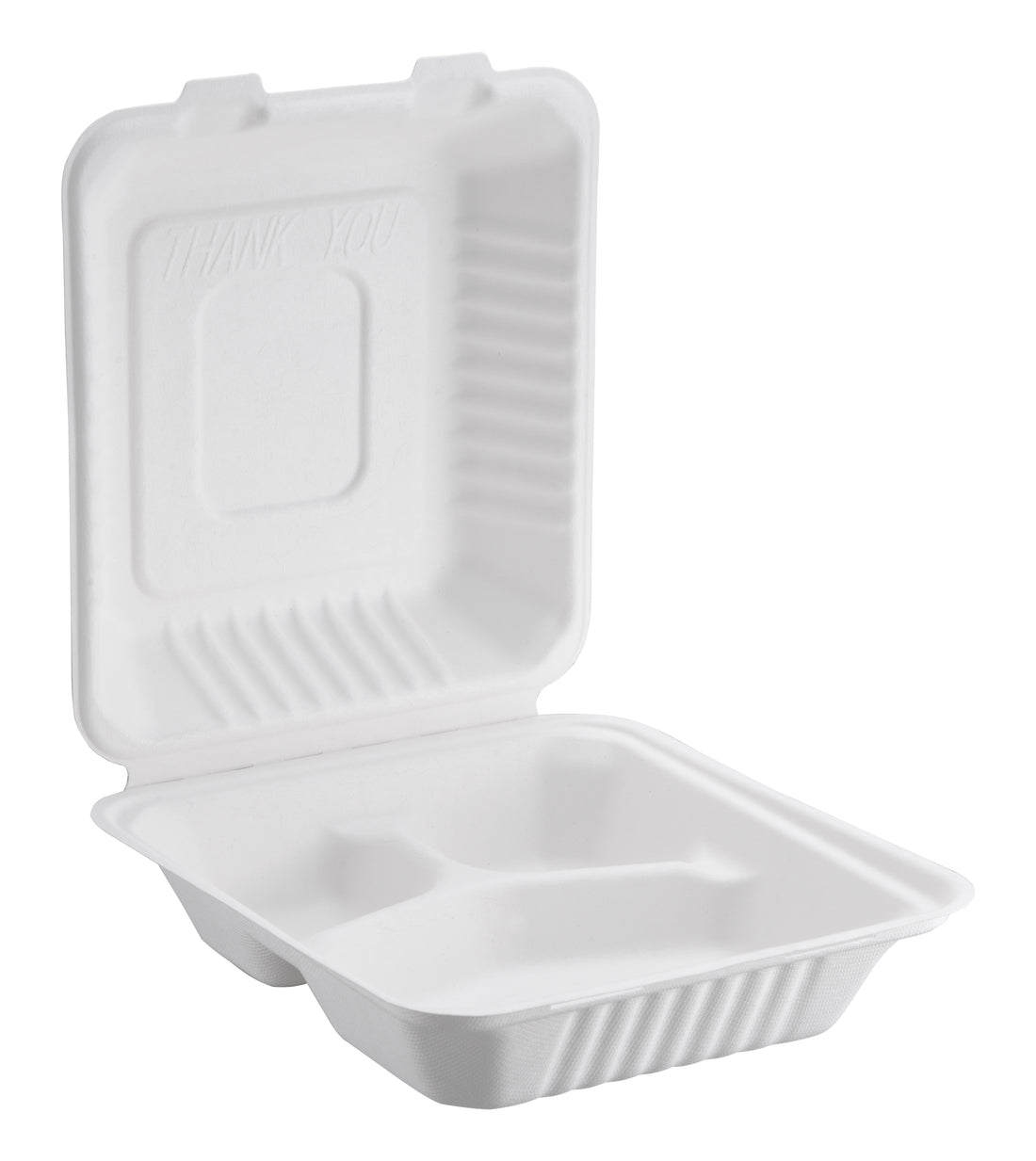 Bagasse Hinged Container 3-compartment, PFAS FREE, White, 9" x 9", 200pc (100/2) - Image 1