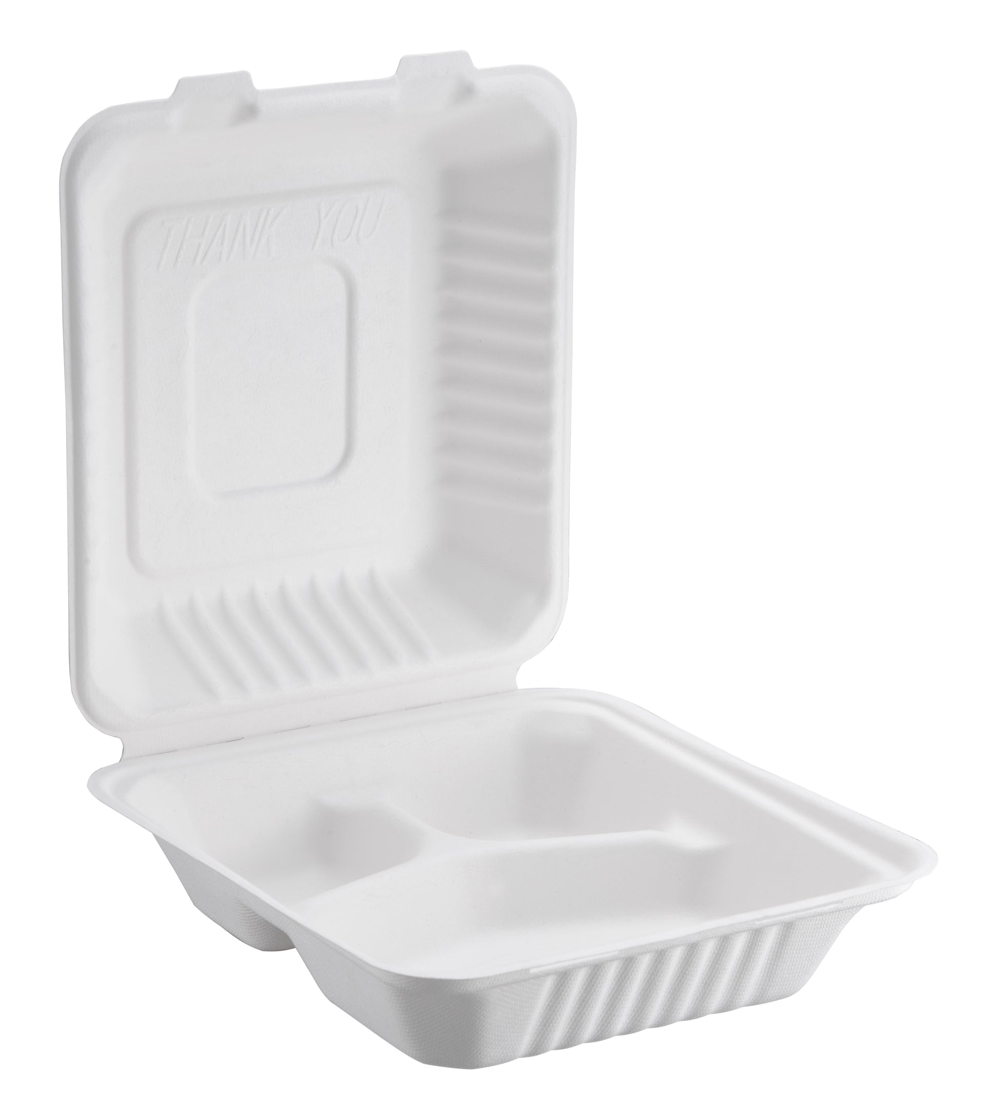 Bagasse Hinged Container 3-compartment, PFAS FREE, White, 9" x 9", 200pc (100/2) - Image 1