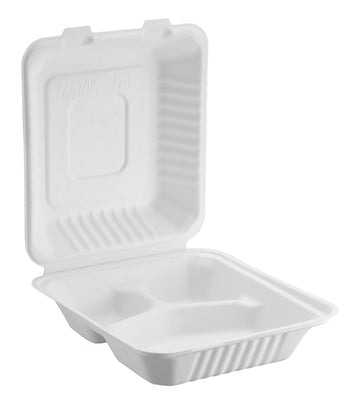 Bagasse Hinged Container 3-compartment, PFAS FREE, White, 9" x 9", 200pc (100/2) - Image 1