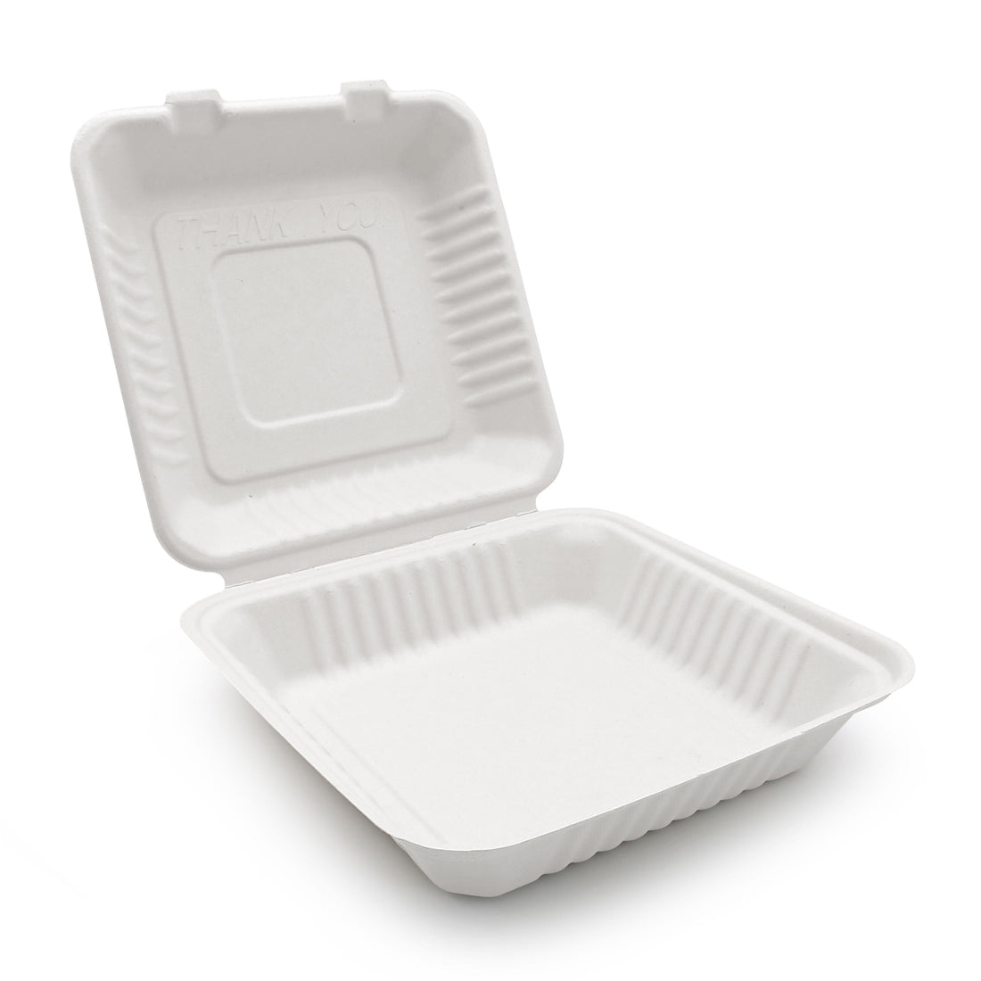 Bagasse Hinged Container, White, PFAS FREE, 9" x 9", 200pc (100/2) - Image 1
