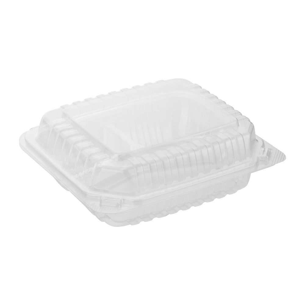 Clear Hinged PS Container 3-compartment, 8" x 8" 3in Tall, 200pc (200/1) - Image 1