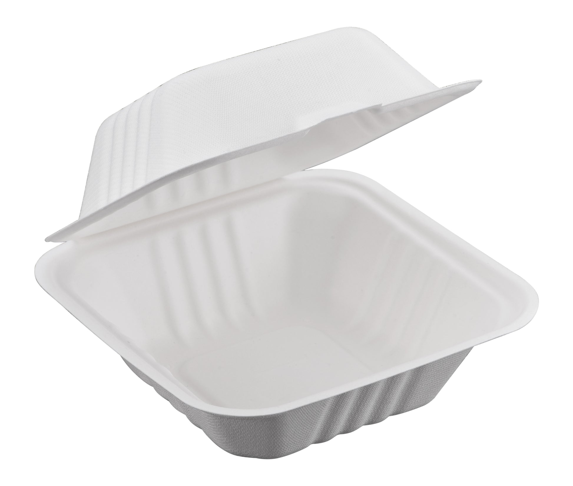 Bagasse Hinged Container, White, PFAS FREE, 6" x 6", 500pc (125/4) - Image 1