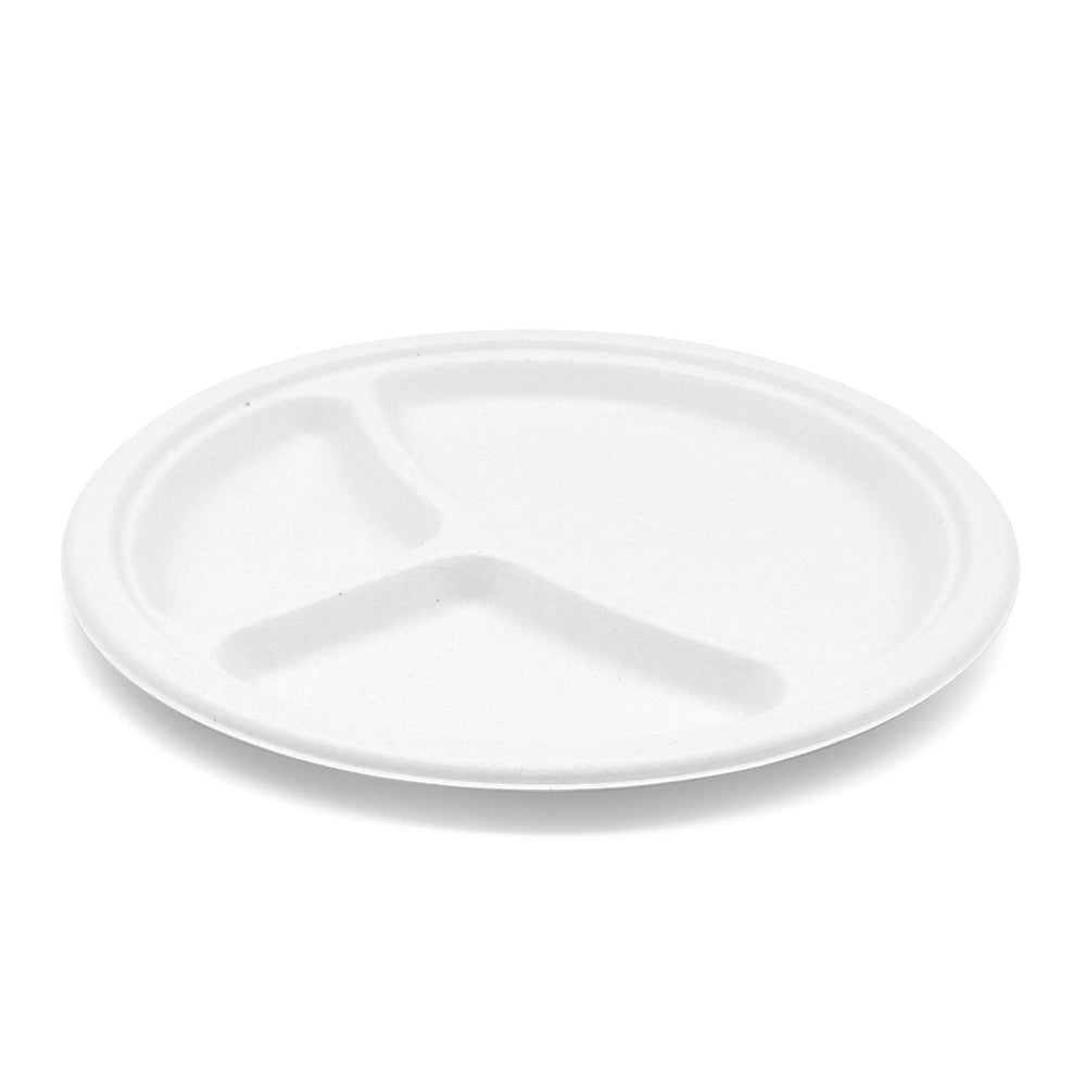 Bagasse Round Plate 3-compartment, 10'', White, PFAS FREE, 500pc (125/4) - Image 1