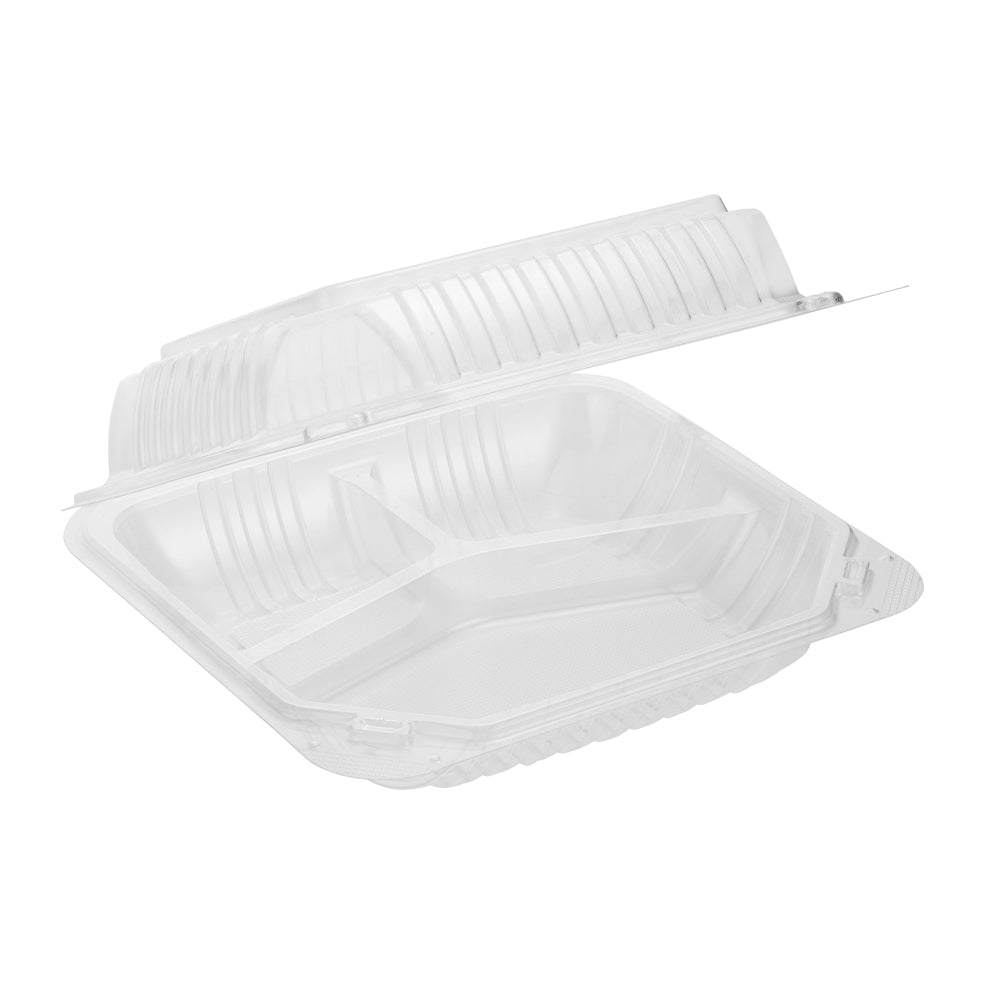 Clear Hinged PS Container 3-compartment, 9" x 9" 3in Tall, 200pc (200/1) - Image 1