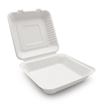 Bagasse Hinged Container, White, PFAS FREE, 8" x 8", 200pc (100/2)